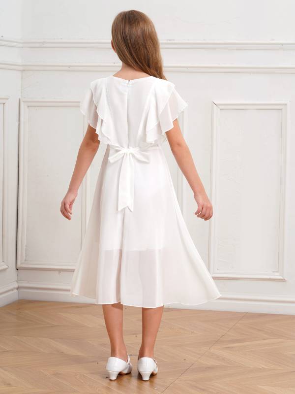 Kids Girls Short Sleeve V Neck Ruffle Chiffon A-line Dress thumb