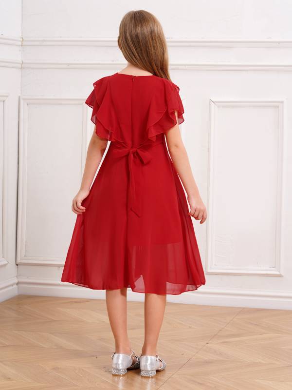 Kids Girls Short Sleeve V Neck Ruffle Chiffon A-line Dress thumb