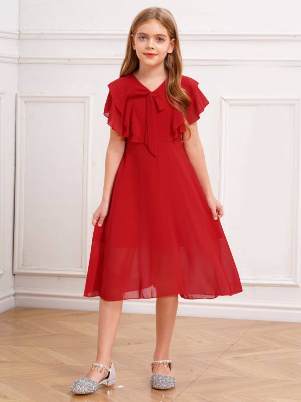 Kids Girls Short Sleeve V Neck Ruffle Chiffon A-line Dress thumb
