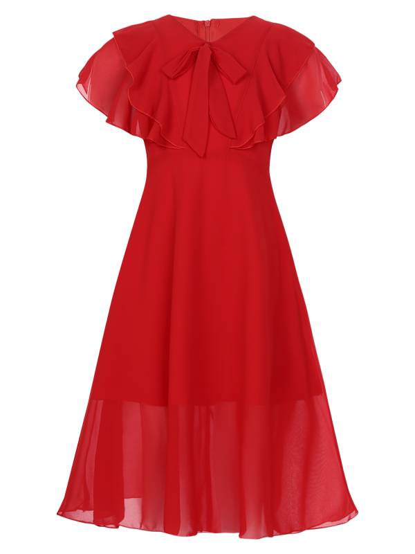 Kids Girls Short Sleeve V Neck Ruffle Chiffon A-line Dress thumb