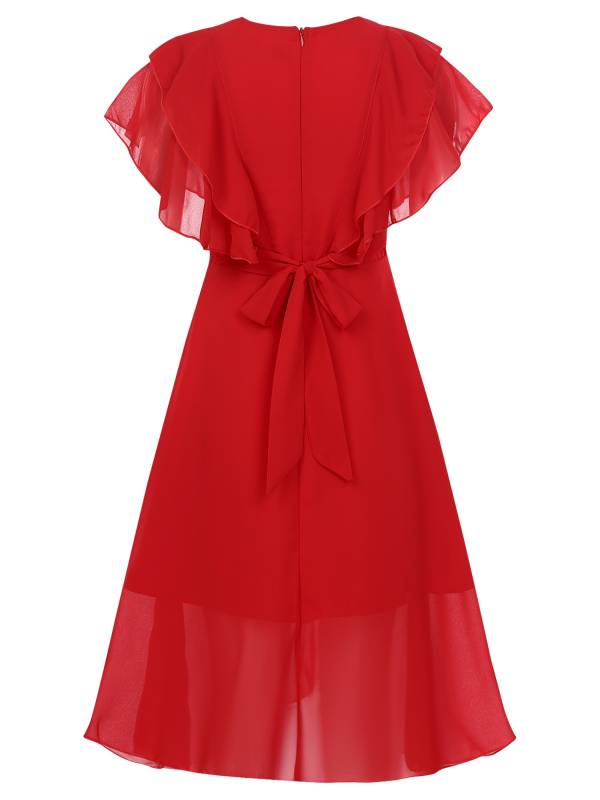 Kids Girls Short Sleeve V Neck Ruffle Chiffon A-line Dress thumb