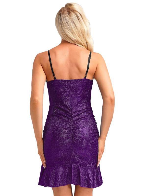 Women Sleeveless V Neck Glittery Ruffled Cocktail Dress thumb