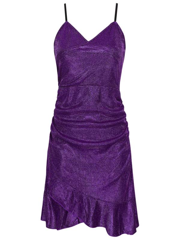 Women Sleeveless V Neck Glittery Ruffled Cocktail Dress thumb