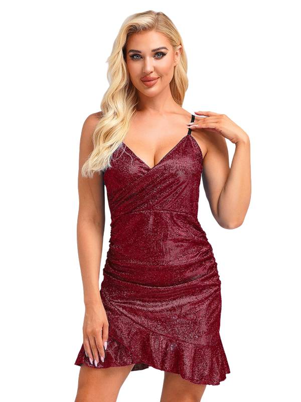 Women Sleeveless V Neck Glittery Ruffled Cocktail Dress thumb