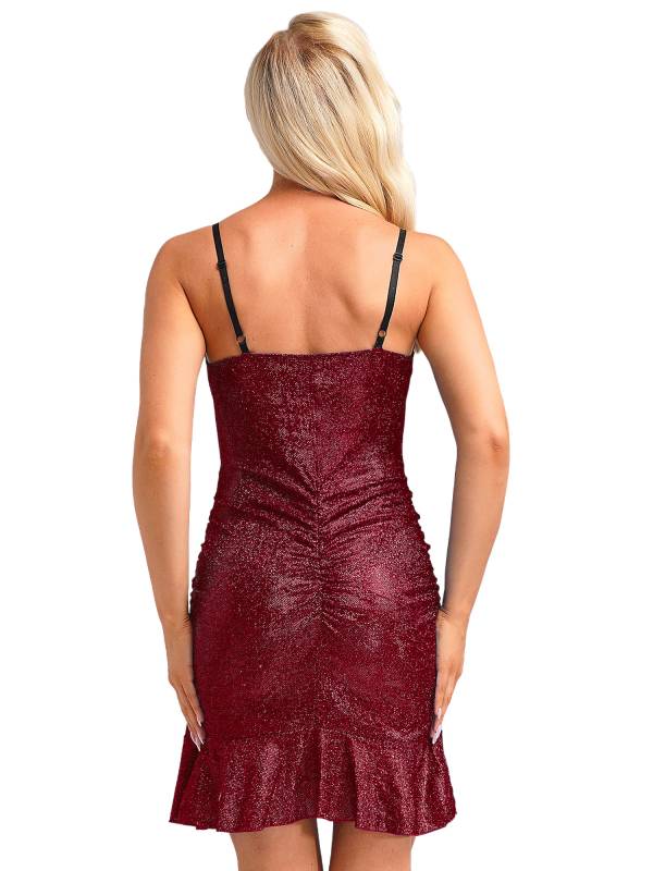 Women Sleeveless V Neck Glittery Ruffled Cocktail Dress thumb