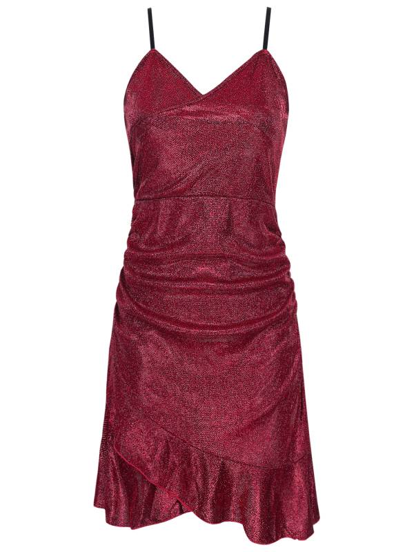 Women Sleeveless V Neck Glittery Ruffled Cocktail Dress thumb