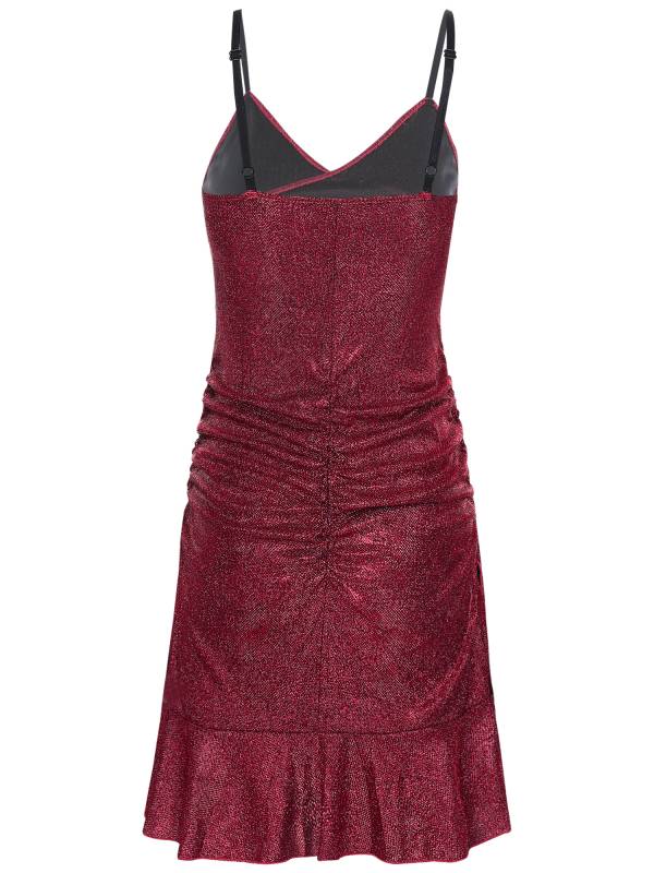 Women Sleeveless V Neck Glittery Ruffled Cocktail Dress thumb