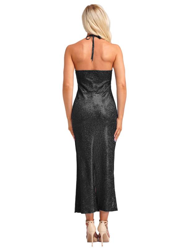 Women Sleeveless Halter Neck Glittery Bodycon Dress for Evening Party thumb