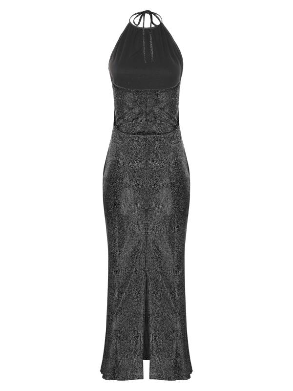 Women Sleeveless Halter Neck Glittery Bodycon Dress for Evening Party thumb