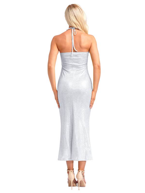 Women Sleeveless Halter Neck Glittery Bodycon Dress for Evening Party thumb