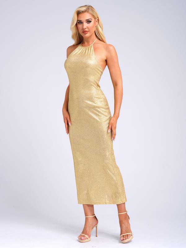 Women Sleeveless Halter Neck Glittery Bodycon Dress for Evening Party thumb