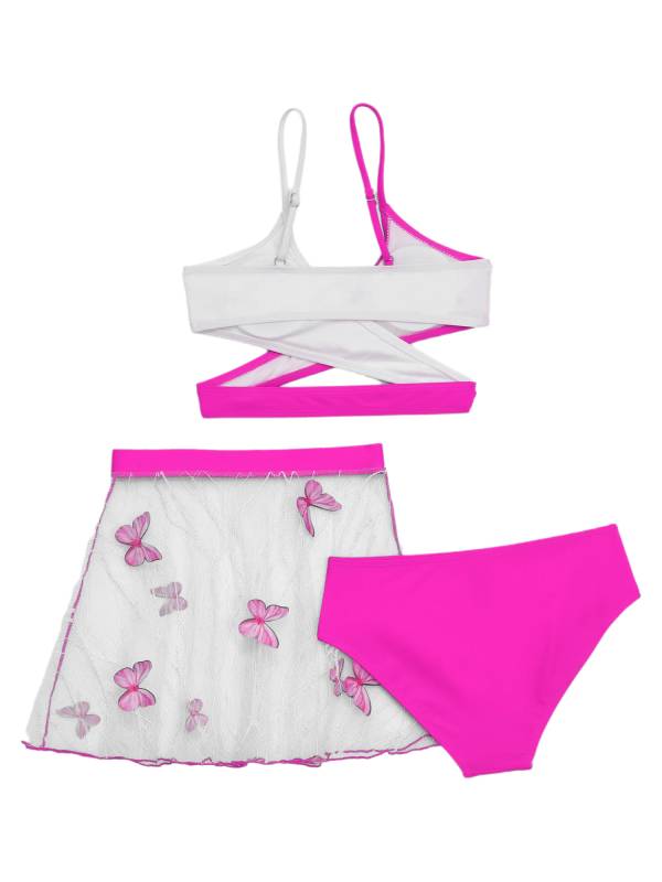 Girls 3pcs Criss Cross Wrap Bikini Set with See Through Butterfly Skirt Swimsuit thumb