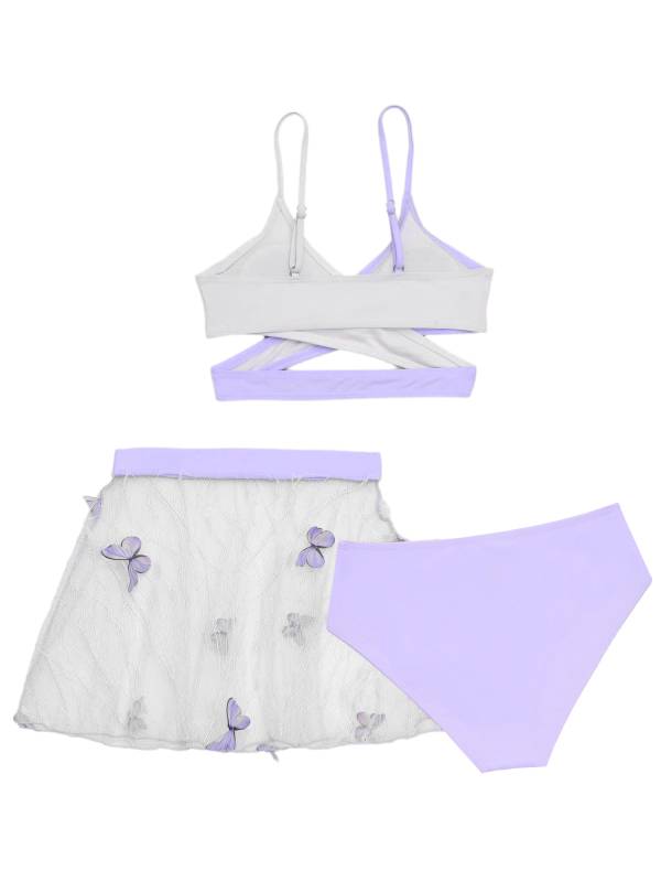 Girls 3pcs Criss Cross Wrap Bikini Set with See Through Butterfly Skirt Swimsuit thumb