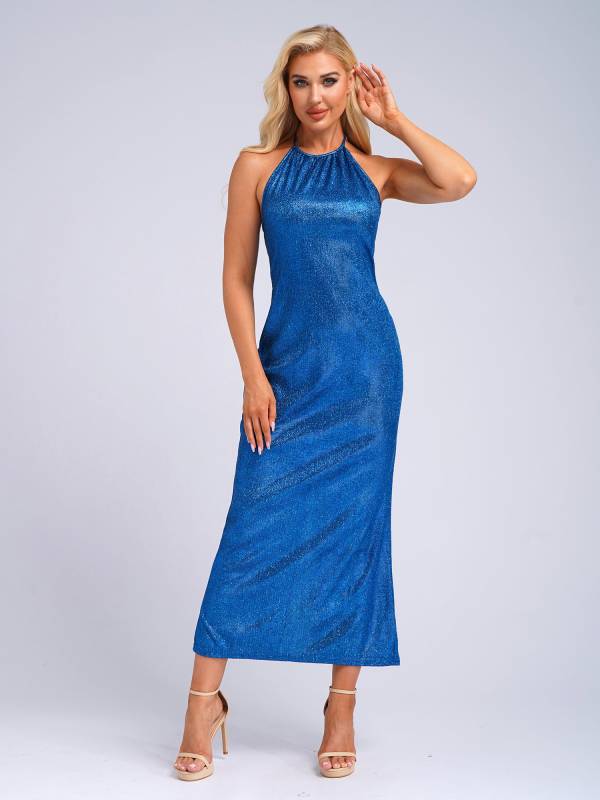 Women Sleeveless Halter Neck Glittery Bodycon Dress for Evening Party thumb