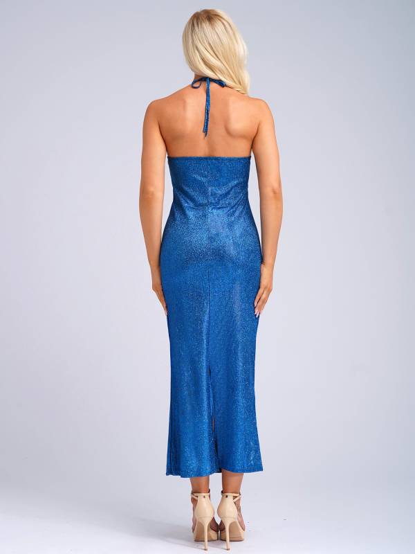 Women Sleeveless Halter Neck Glittery Bodycon Dress for Evening Party thumb