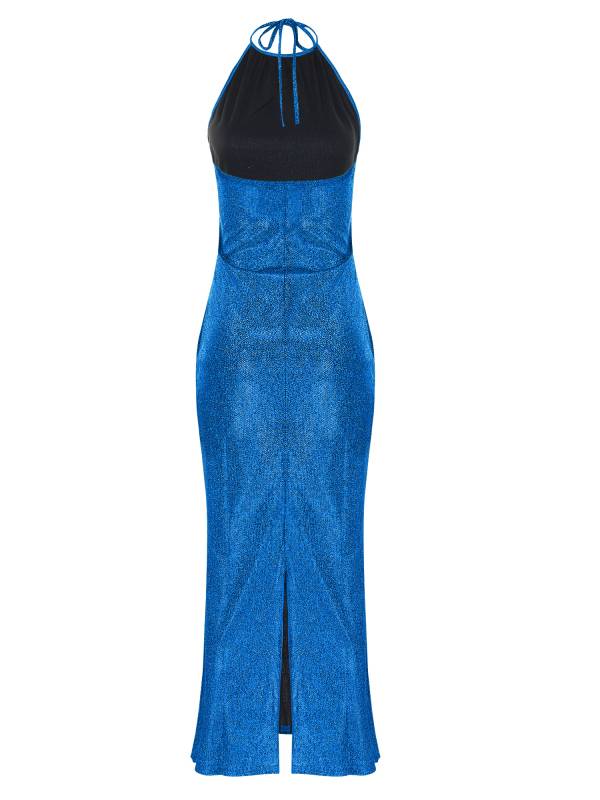 Women Sleeveless Halter Neck Glittery Bodycon Dress for Evening Party thumb