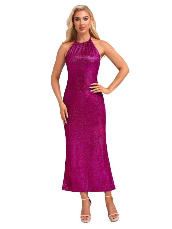 Women Sleeveless Halter Neck Glittery Bodycon Dress for Evening Party thumb