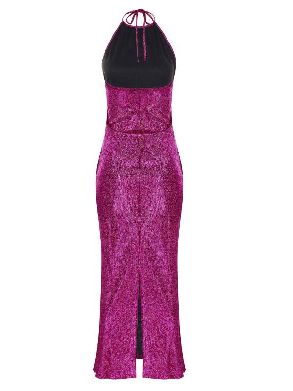 Women Sleeveless Halter Neck Glittery Bodycon Dress for Evening Party thumb