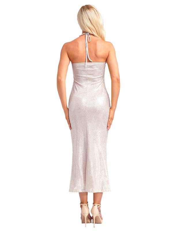 Women Sleeveless Halter Neck Glittery Bodycon Dress for Evening Party thumb