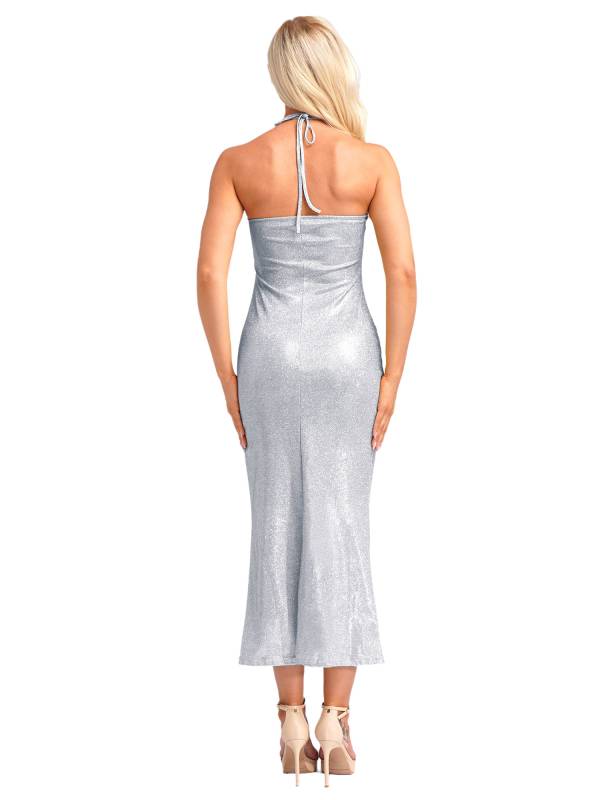 Women Sleeveless Halter Neck Glittery Bodycon Dress for Evening Party thumb