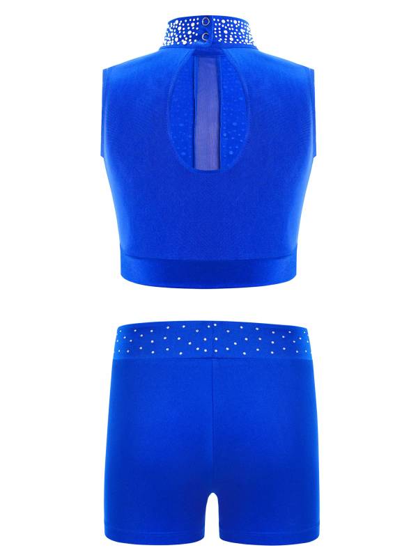 Kids Girls 2pcs Sleeveless Rhinestones Crop Top and Shorts Gymnastic Outfits thumb