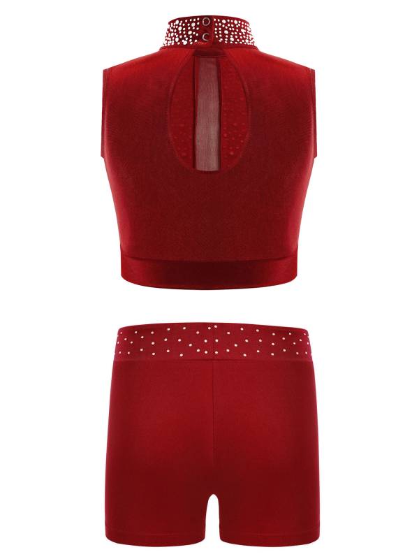 Kids Girls 2pcs Sleeveless Rhinestones Crop Top and Shorts Gymnastic Outfits thumb