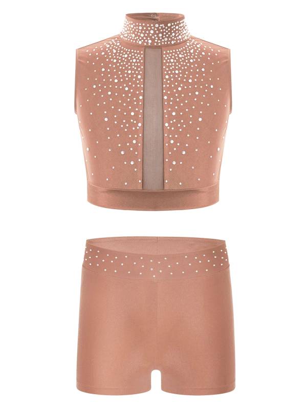 Kids Girls 2pcs Sleeveless Rhinestones Crop Top and Shorts Gymnastic Outfits thumb