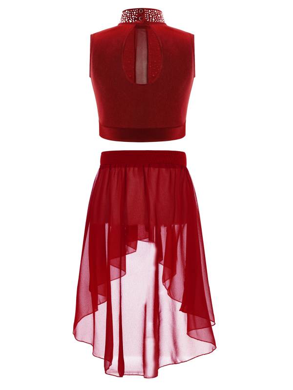 Kids Girls 2pcs Rhinestones Crop Top and High-Low Chiffon Skirt Dance Set thumb