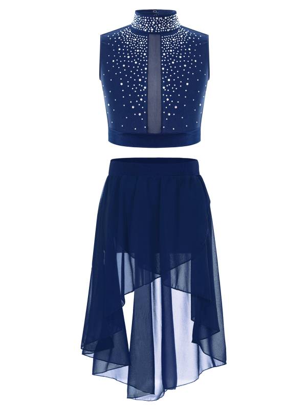 Kids Girls 2pcs Rhinestones Crop Top and High-Low Chiffon Skirt Dance Set thumb
