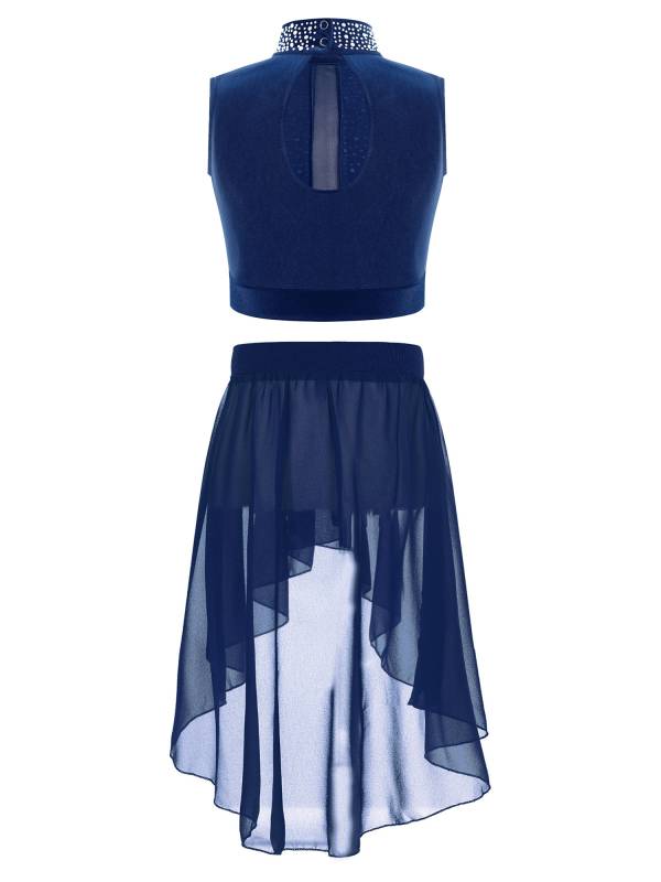 Kids Girls 2pcs Rhinestones Crop Top and High-Low Chiffon Skirt Dance Set thumb