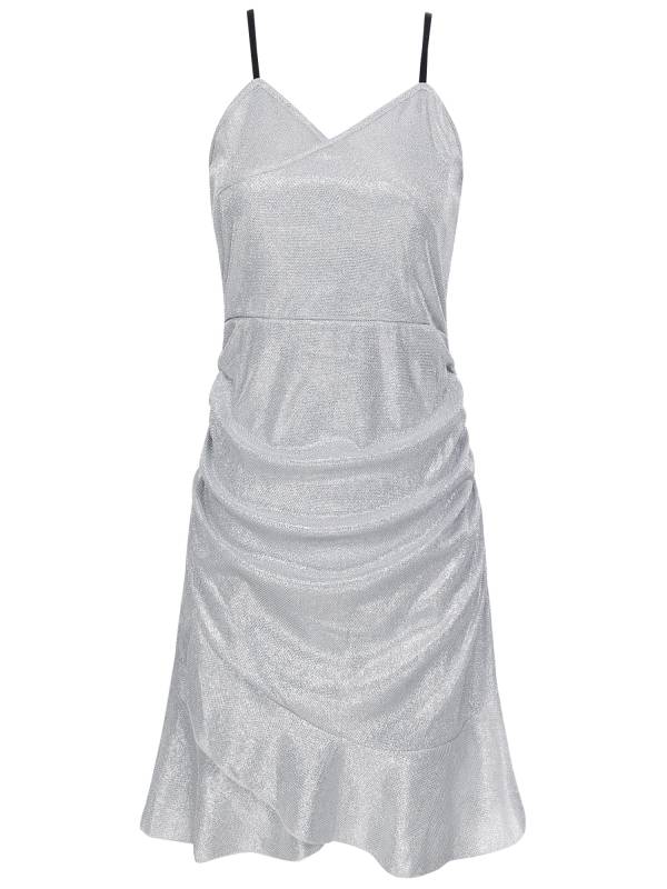 Women Sleeveless V Neck Glittery Ruffled Cocktail Dress thumb