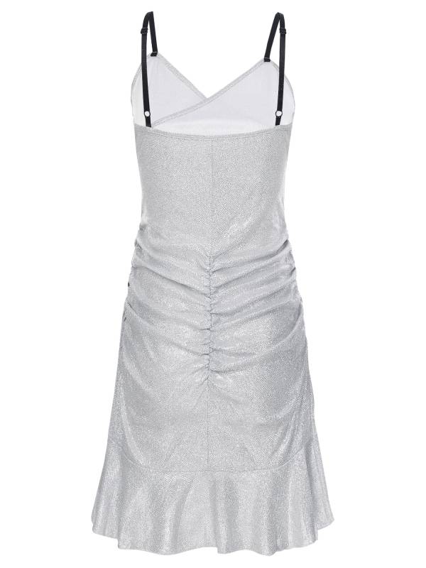 Women Sleeveless V Neck Glittery Ruffled Cocktail Dress thumb