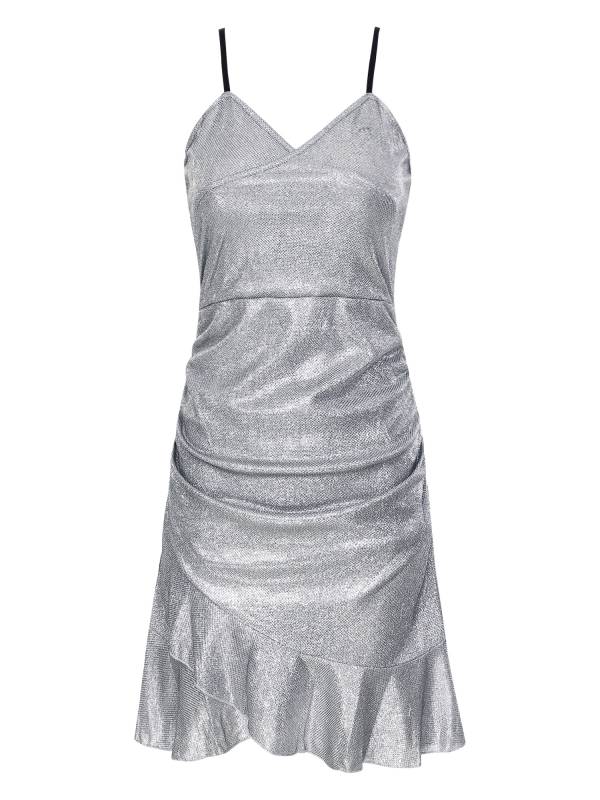 Women Sleeveless V Neck Glittery Ruffled Cocktail Dress thumb