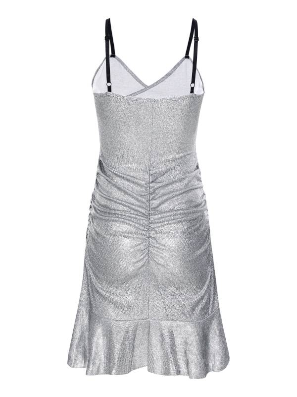 Women Sleeveless V Neck Glittery Ruffled Cocktail Dress thumb