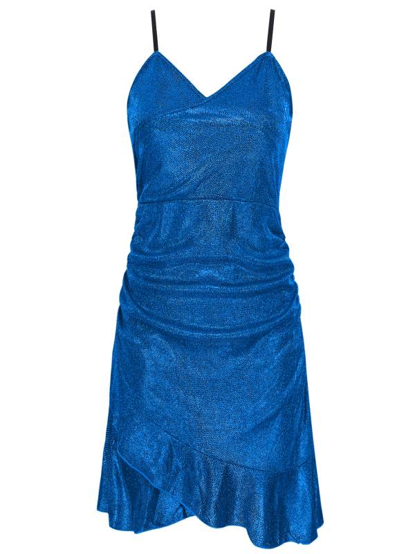 Women Sleeveless V Neck Glittery Ruffled Cocktail Dress thumb