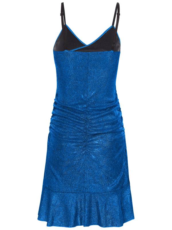 Women Sleeveless V Neck Glittery Ruffled Cocktail Dress thumb