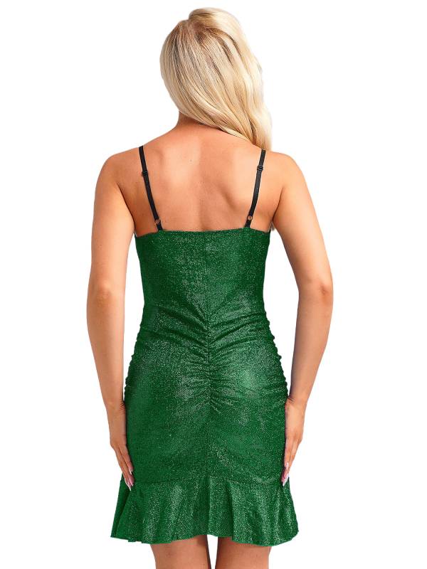 Women Sleeveless V Neck Glittery Ruffled Cocktail Dress thumb