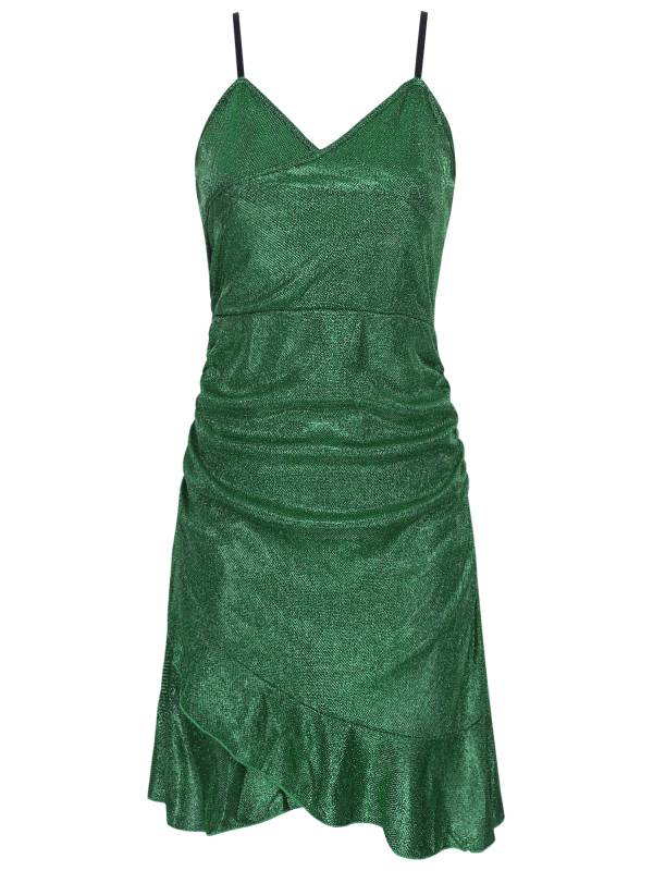 Women Sleeveless V Neck Glittery Ruffled Cocktail Dress thumb