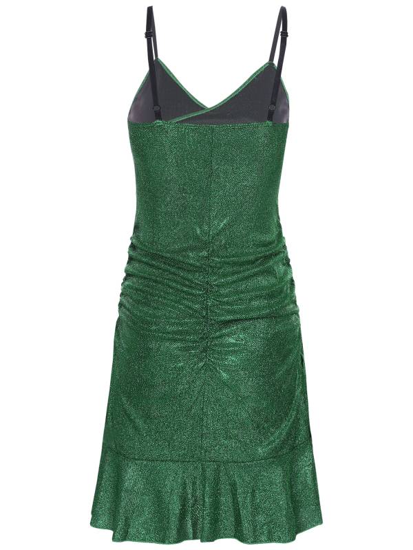 Women Sleeveless V Neck Glittery Ruffled Cocktail Dress thumb