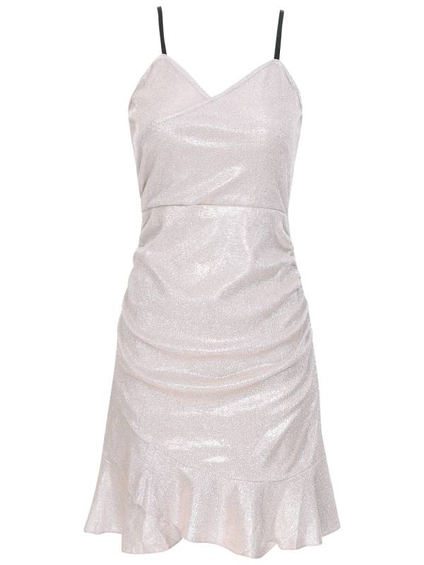 Women Sleeveless V Neck Glittery Ruffled Cocktail Dress thumb
