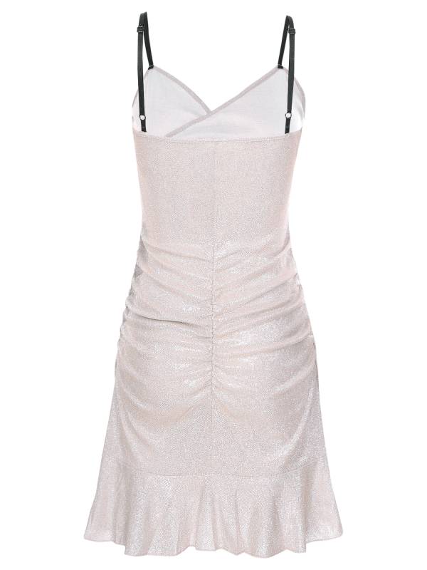 Women Sleeveless V Neck Glittery Ruffled Cocktail Dress thumb