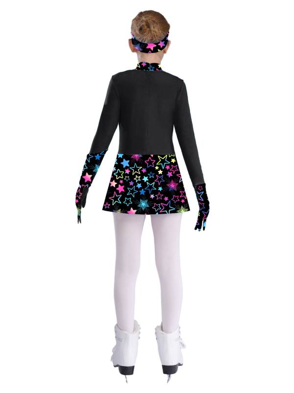 Kids Girls Long Sleeve Shiny Rhinestones Skating Dress with Gloves Headband thumb