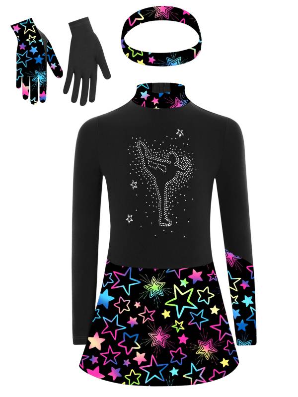 Kids Girls Long Sleeve Shiny Rhinestones Skating Dress with Gloves Headband thumb