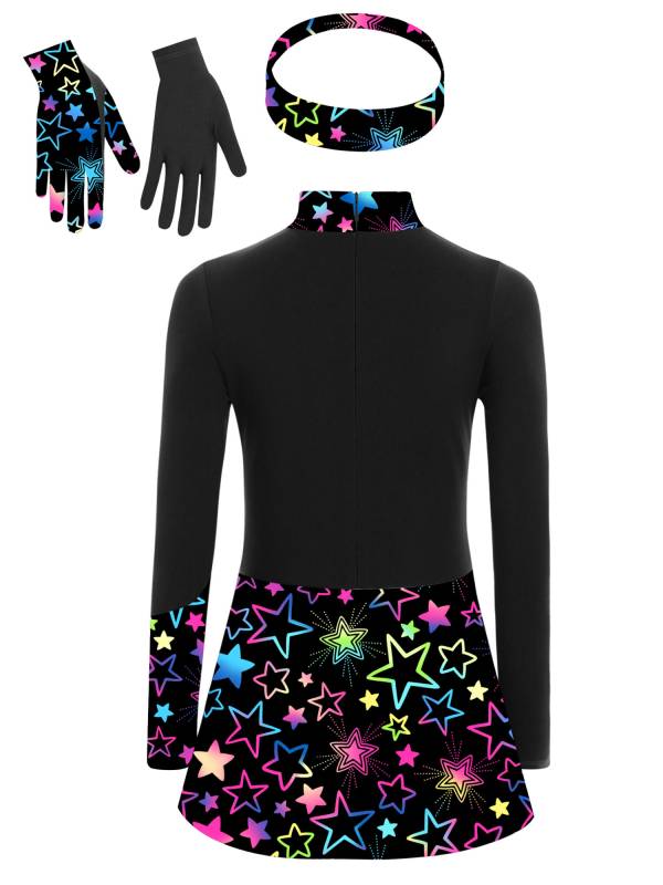 Kids Girls Long Sleeve Shiny Rhinestones Skating Dress with Gloves Headband thumb