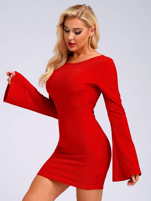 Women Long Sleeve Glittery Backless Self-tied Bodycon Mini Dress for Cocktail thumb