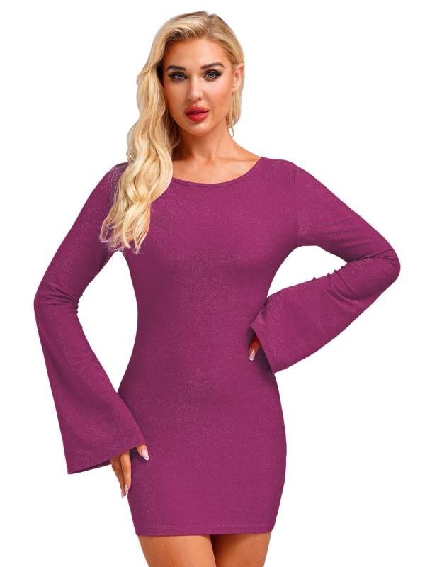 Women Long Sleeve Glittery Backless Self-tied Bodycon Mini Dress for Cocktail thumb
