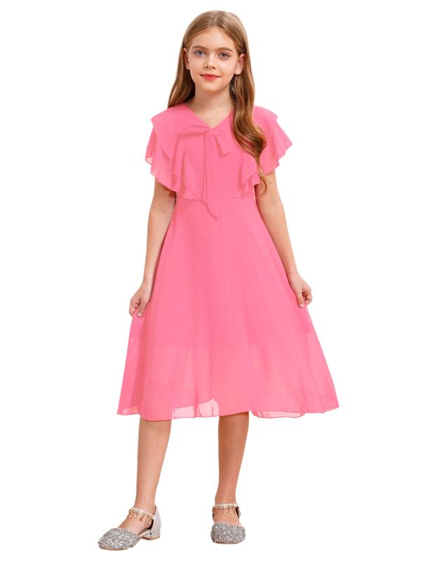 Kids Girls Short Sleeve V Neck Ruffle Chiffon A-line Dress thumb