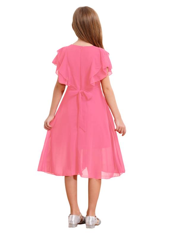 Kids Girls Short Sleeve V Neck Ruffle Chiffon A-line Dress thumb