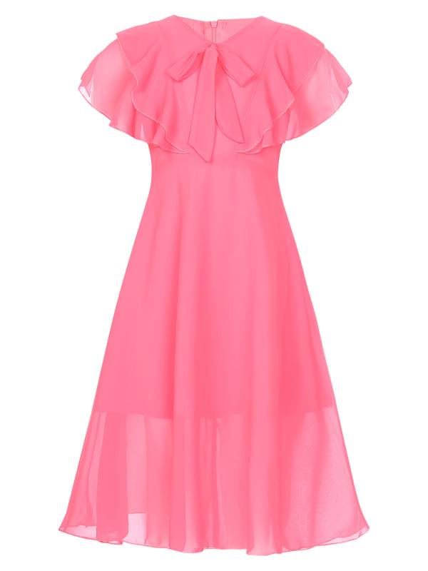 Kids Girls Short Sleeve V Neck Ruffle Chiffon A-line Dress thumb