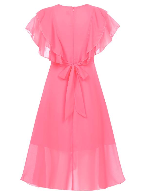 Kids Girls Short Sleeve V Neck Ruffle Chiffon A-line Dress thumb